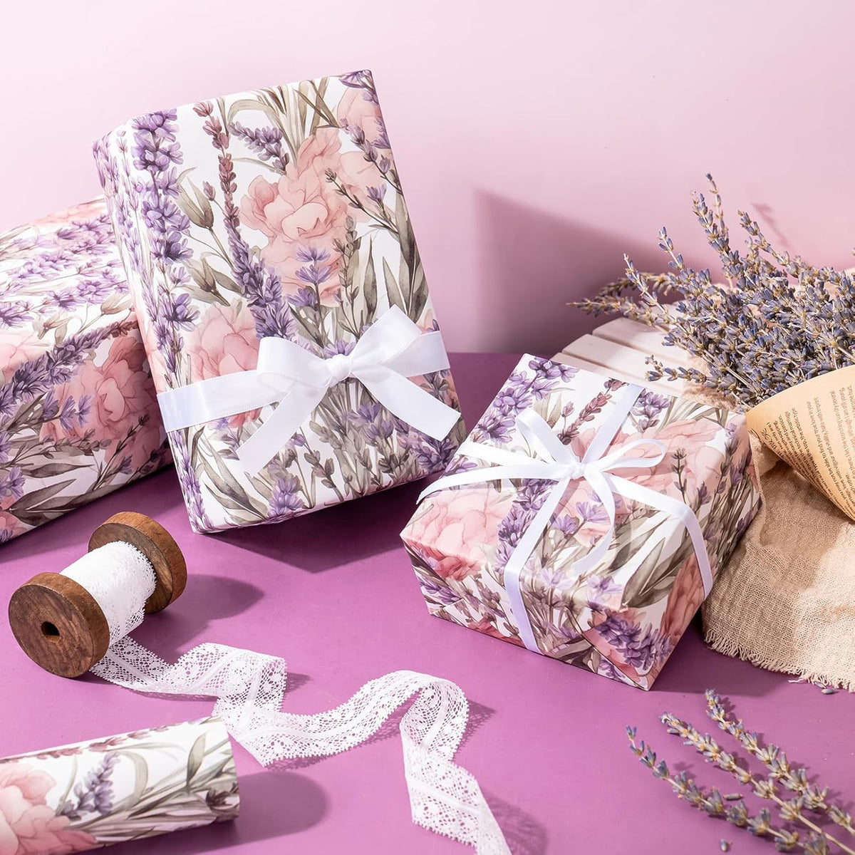 WRAPAHOLIC Kraft Floral Wrapping Paper - Mini Roll - 17 Inch x 16.5 Feet - Purple Lavender Flower