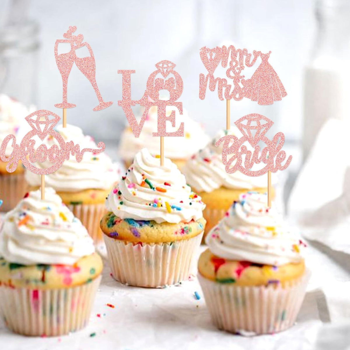 25 PCS Bride to Be Groom to Be Cupcake Toppers with Ring Dress Bridal Shower Cupcake Picks Wedding