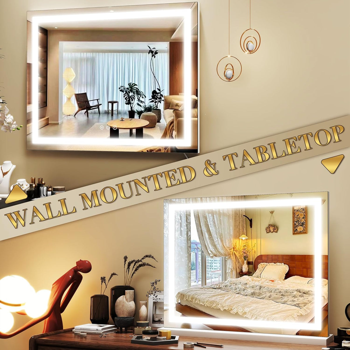 23x18 Inch Lighted Vanity Mirror, 3-Color Dimmable LED & Touch Control - Large Makeup Mirror for