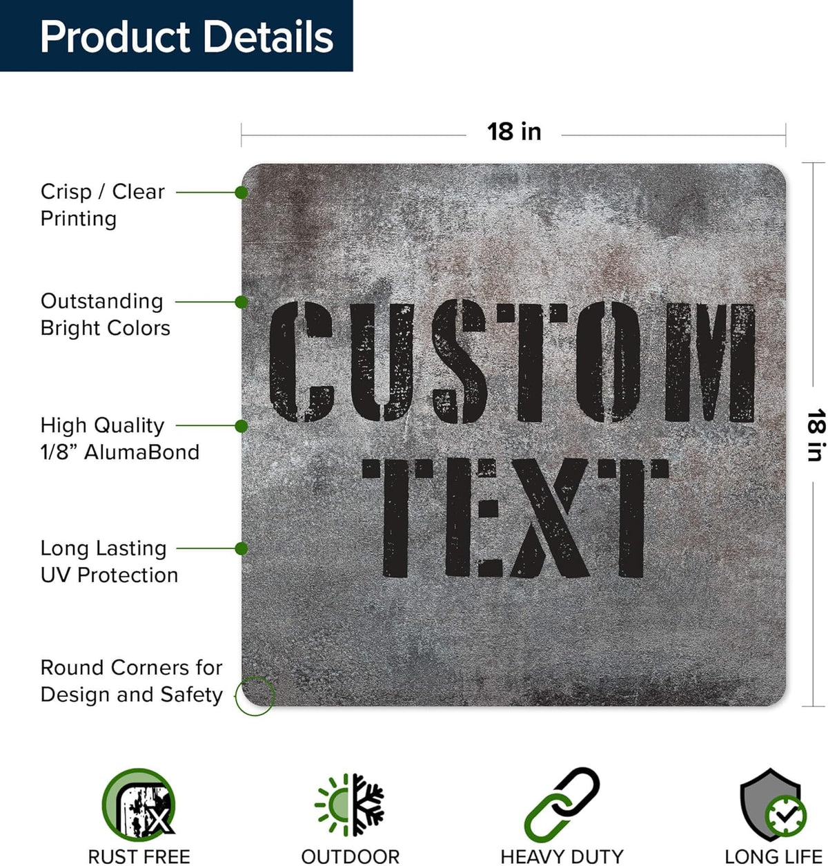 Custom Sign, Custom Street Sign, 11 Font Colors, 13 Font Styles, 4 Hole Options, 22 Sizes, 18x18
