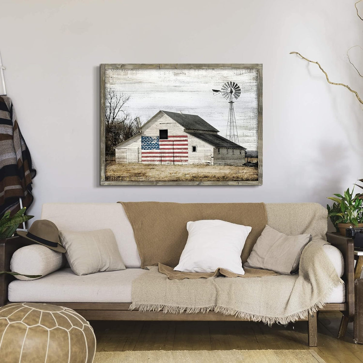 Rustic Landscape Wooden Picture Artwork - Neutral Color Barn with USA Flag Accent Windmill Painting