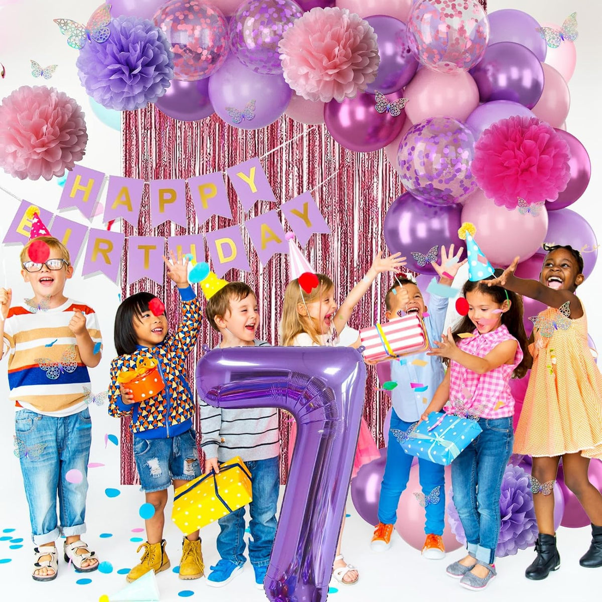 Pink Purple 7th Birthday Party Decorations for Girls Number 7 Balloon Happy Birthday Banner
