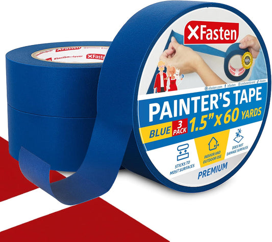 XFasten Professional Blue Painters Tape, Sharp Edge Line Technology, 1.5 Inches x 60Yards (3-Pack)