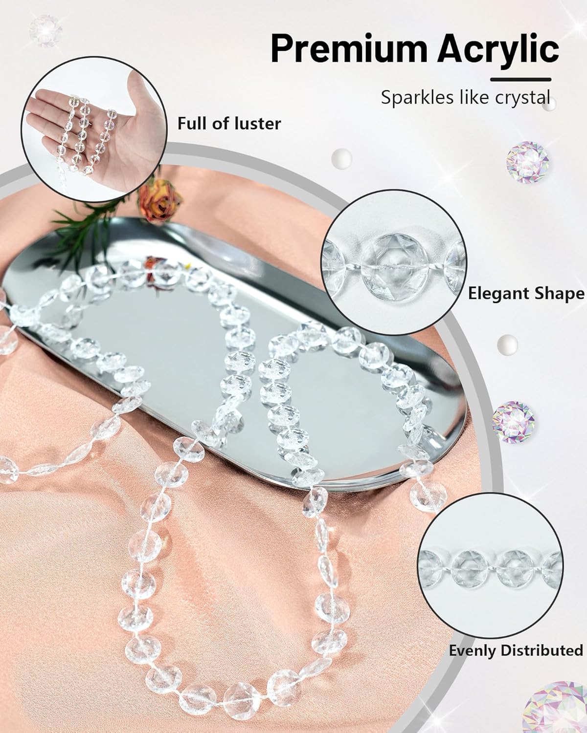 99FT Crystal Garland Strands, Acrylic Clear Crystal Beads String Roll, Diamond-Shaped Crystal