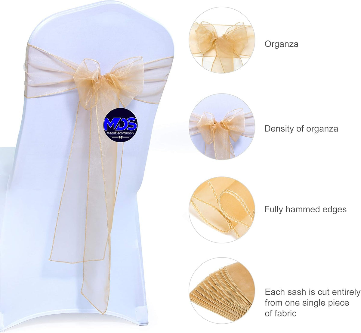 MDS Pack of 125 PCS Organza Chair Sashes Wider Dining Chair Bows Ribbon Tie Back for Wedding Party