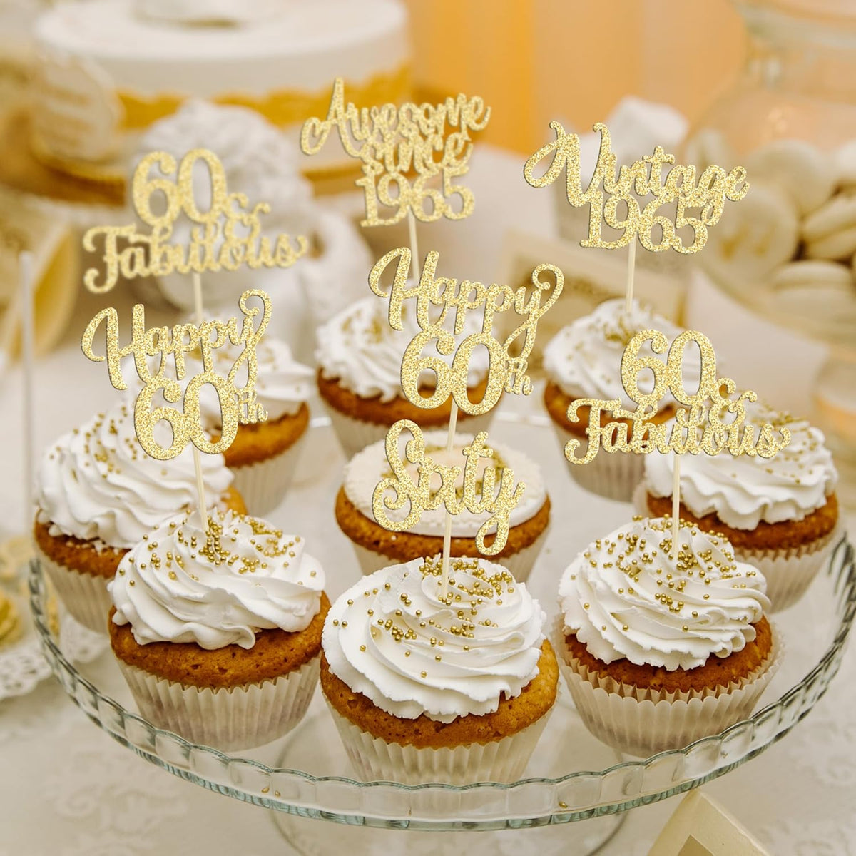30Pcs Vintage 1965 Cupcake Toppers Glitter Sixty Happy 60th Birthday 60 Fabulous Cupcake Picks