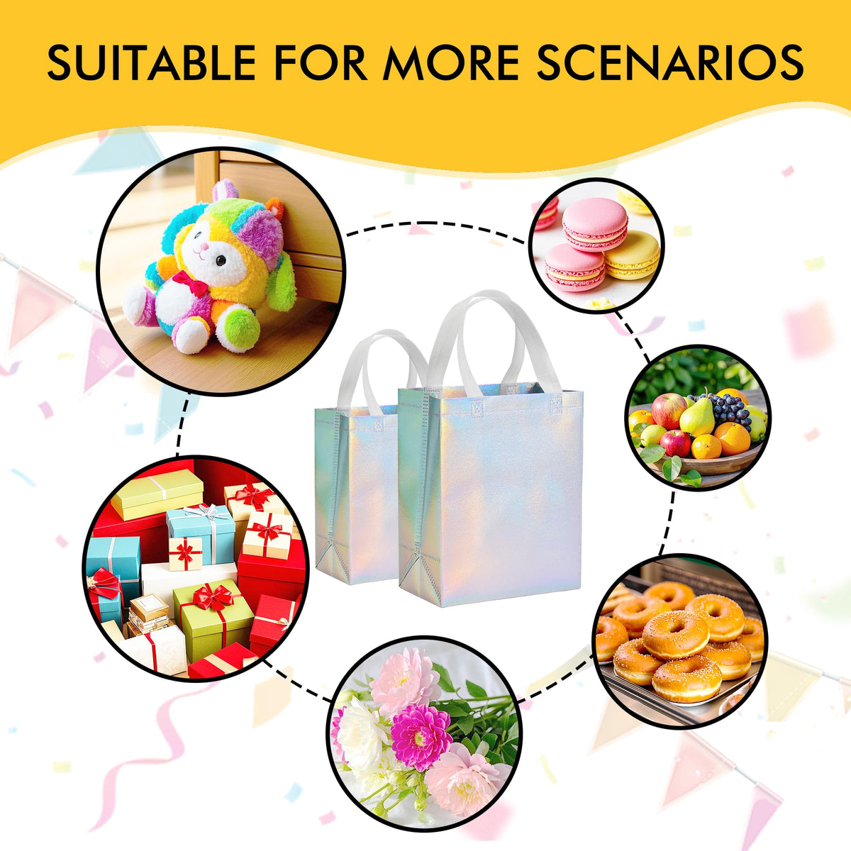 RACETOP 15 Pcs Iridescent Glossy Gift Bags Medium Size, 8x4x10 Inch Holographic Reusable Gift Bags