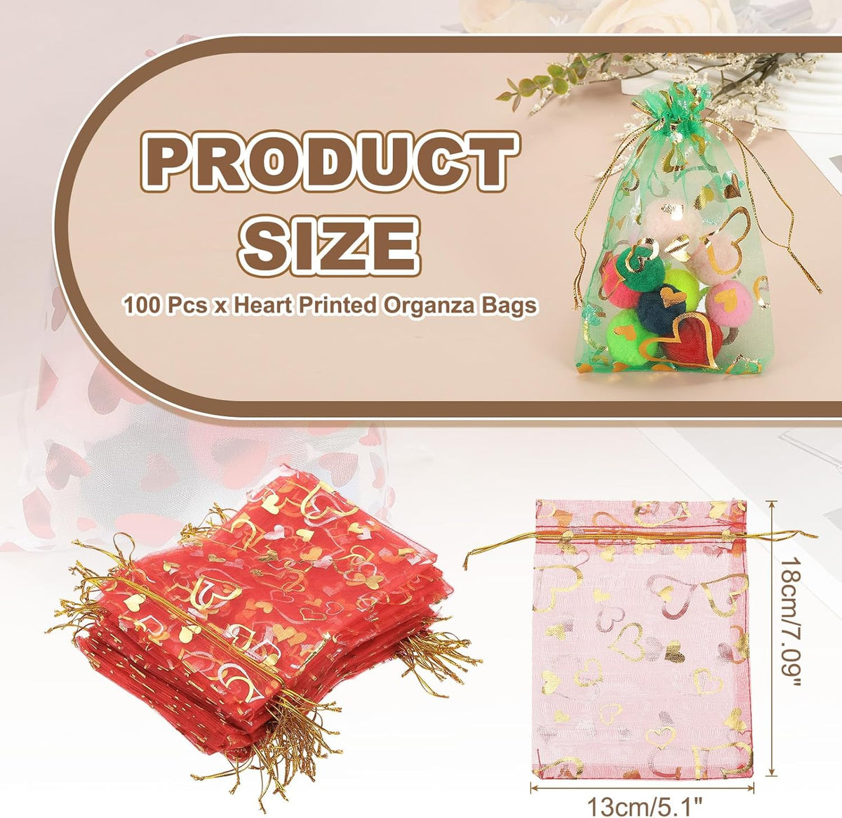PATIKIL 100 Pcs 5x7 Inch Heart Printed Organza Bags, Red Sheer Heart Organza Bags with Drawstring