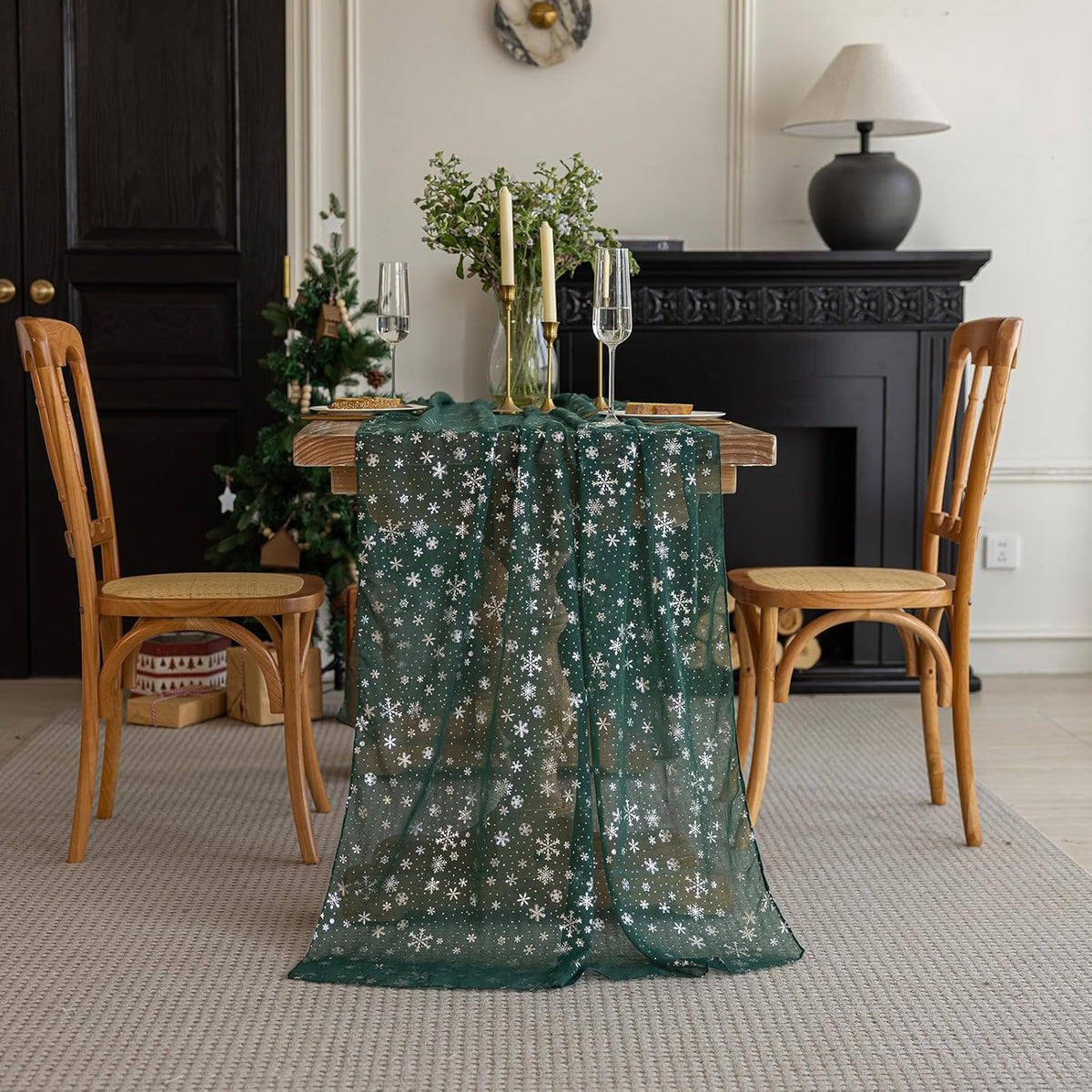 Silvery Snowflake Metallic Print Tulle Christmas Table Runner, Seasonal Winter Kitchen Dining Table