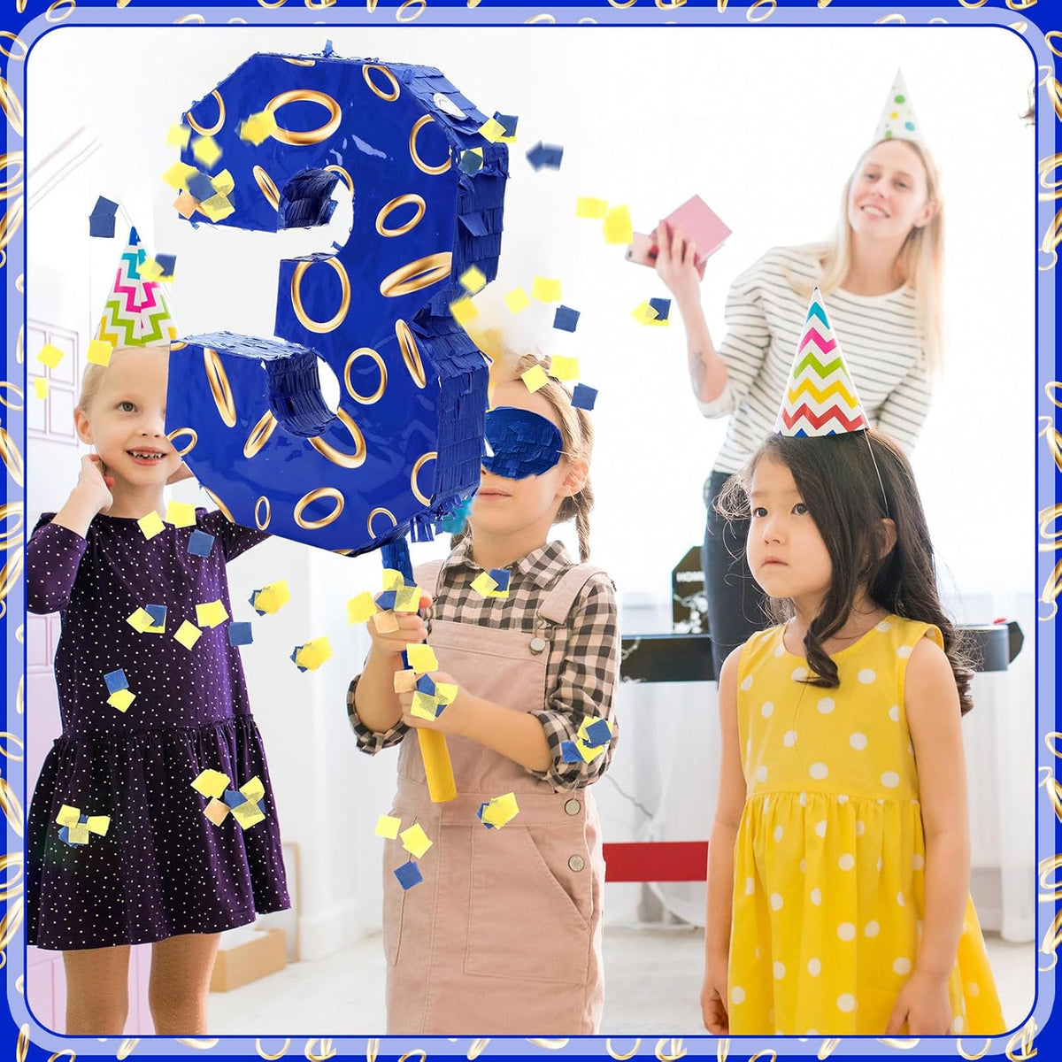 Number 3 Blue and Golden Rings Piñata for Kids Birthday Cartoon Theme Small Piñata with Blindfold