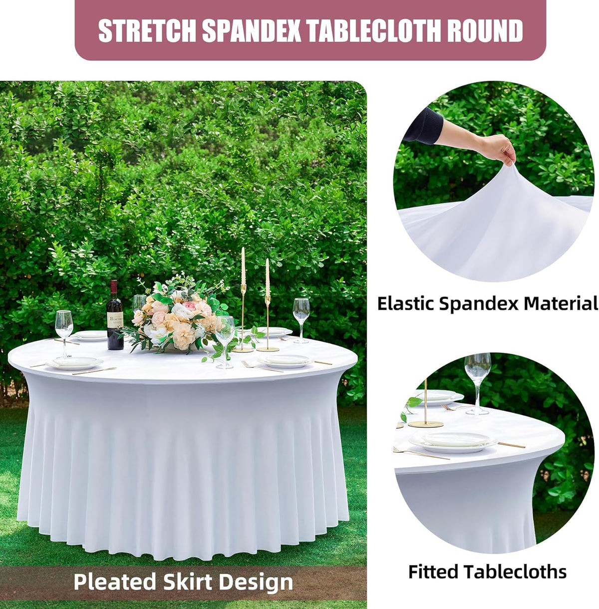 4 pk White Round Spandex Tablecloth for 60in Tables, Wrinkle Free Stretchy 120inch Fitted 5FT Table