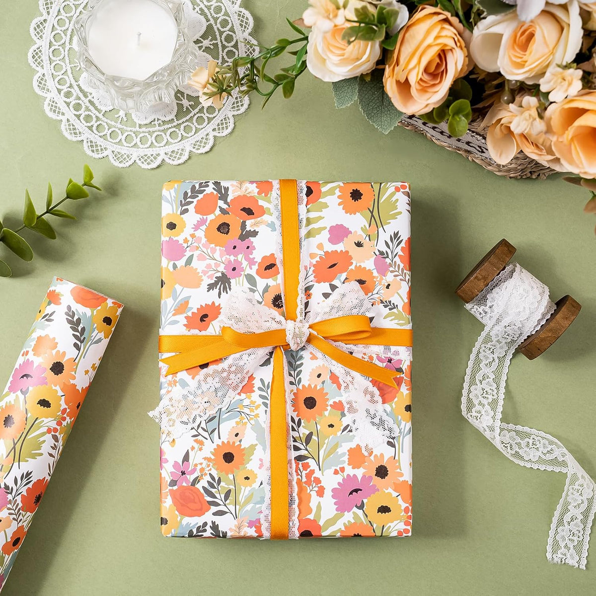 WRAPAHOLIC Kraft Floral Wrapping Paper Roll - Mini Roll - 17 Inch x 9.8 Feet - Bright Summer Flower