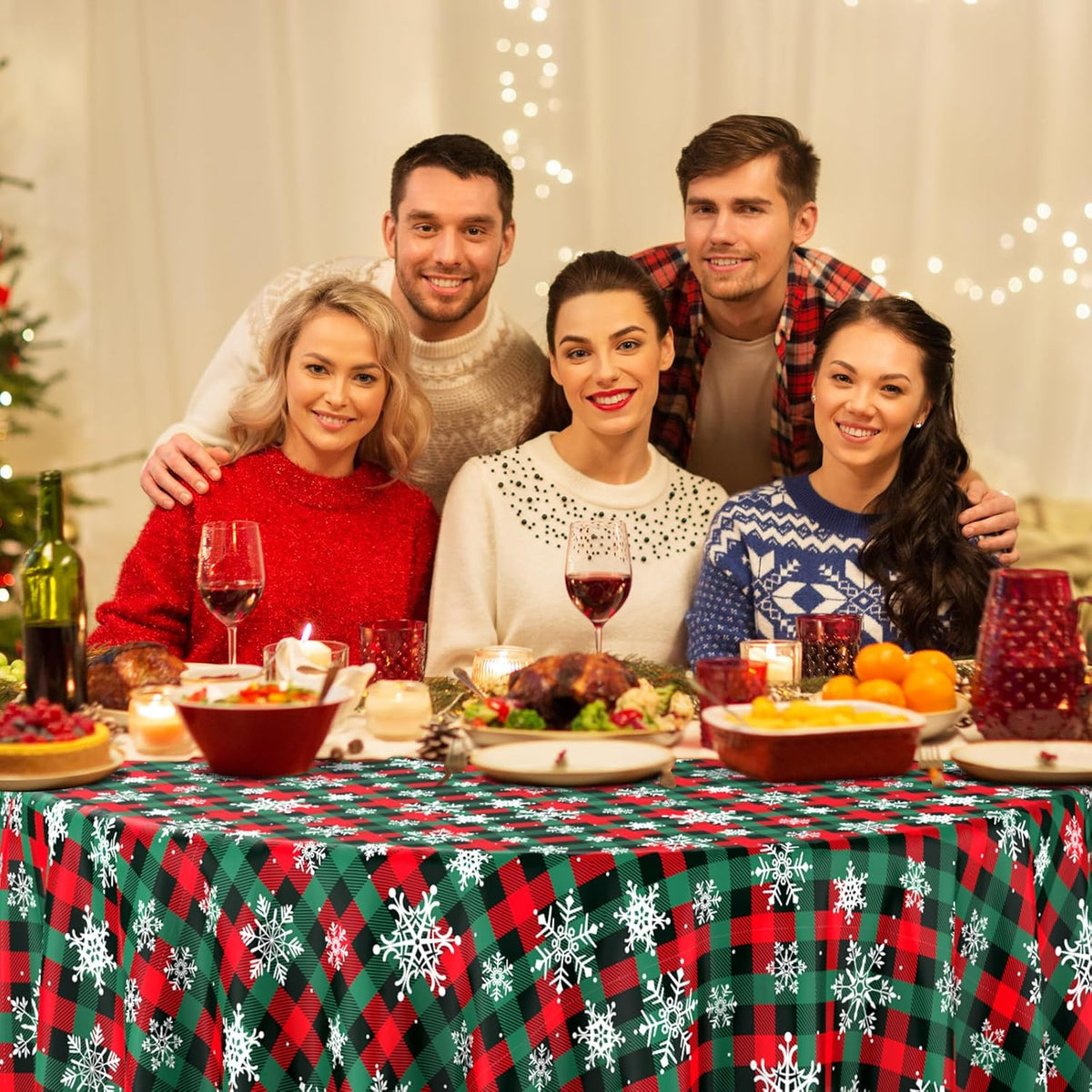 12Pcs Christmas Buffalo Plaid Snowflake Party Tablecloths Decorations,Plastic Red and Green