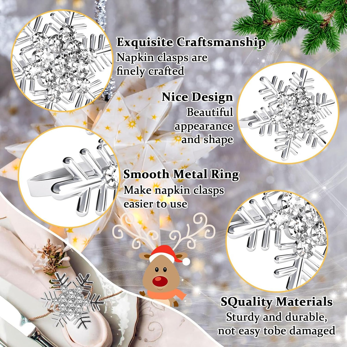 Halatool Christmas Silver Snowflake Napkin Rings Set of 6, Dinner Table Napkin Holder for Christmas