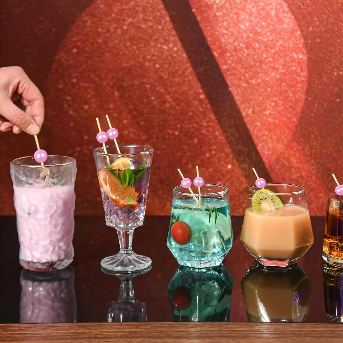 300Pcs Fancy Toothpicks for Appetizers,4.7Inch Pink Pearl Cocktail Picks For Drinks,Bamboo