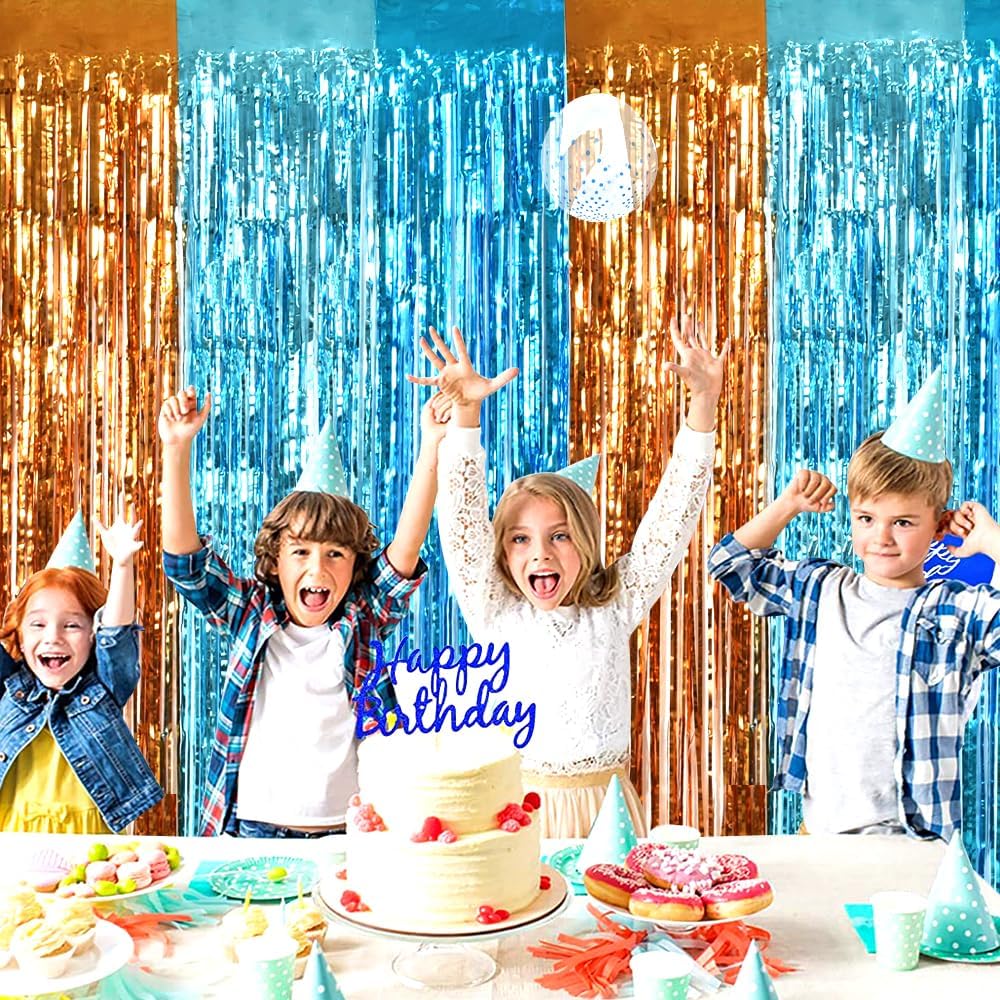 TONIFUL Orange Blue Door Streamers,Blue and Orange Photo Booth Backdrop Metallic Streamers Foil
