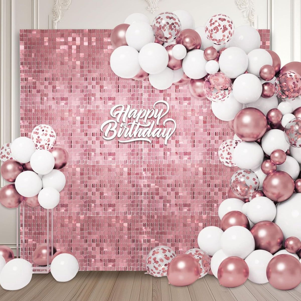 12PCS Pink Shimmer Wall Backdrop, Square Sequin Photo Backdrops Panel, Glitter Wall Background for
