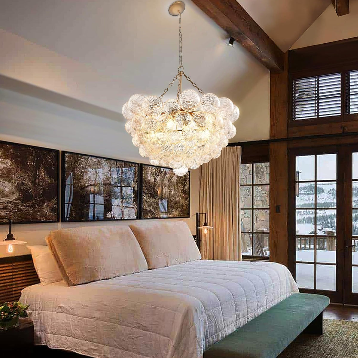Nordic Bubble Ball Swirled Glass Chandelier, Diam 31" Gild Gold and Clear Modern Hand Blown Glass