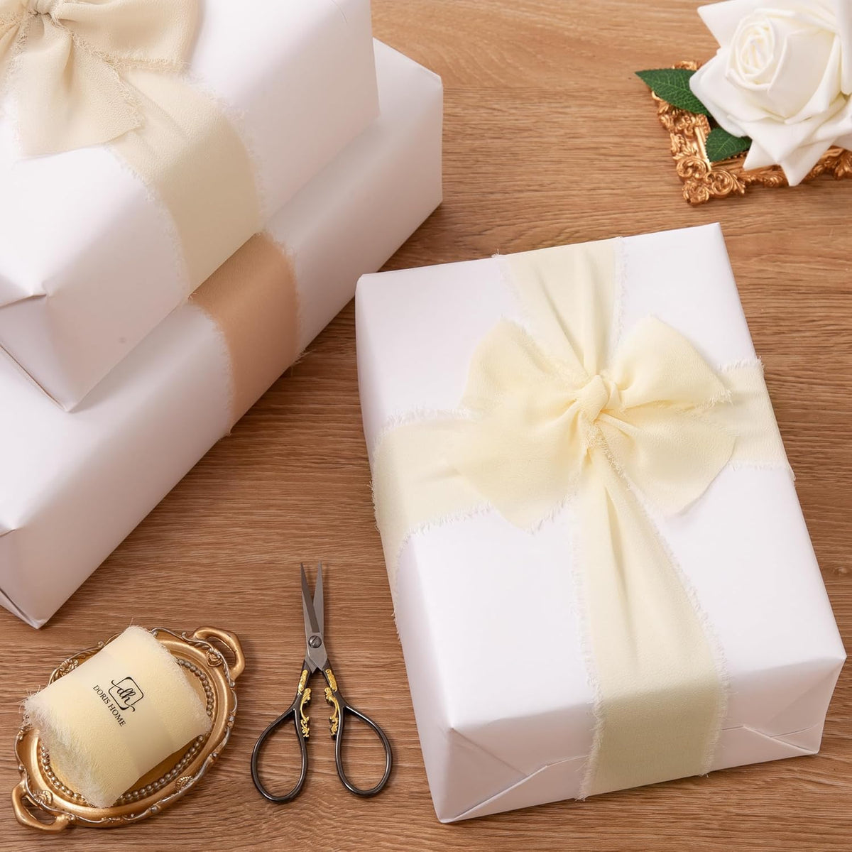 DORIS HOME 2" x21Yd Chiffon Ribbon for Flower Bouquet, Sand & Nude Fabric Ribbon for Gift Wrapping