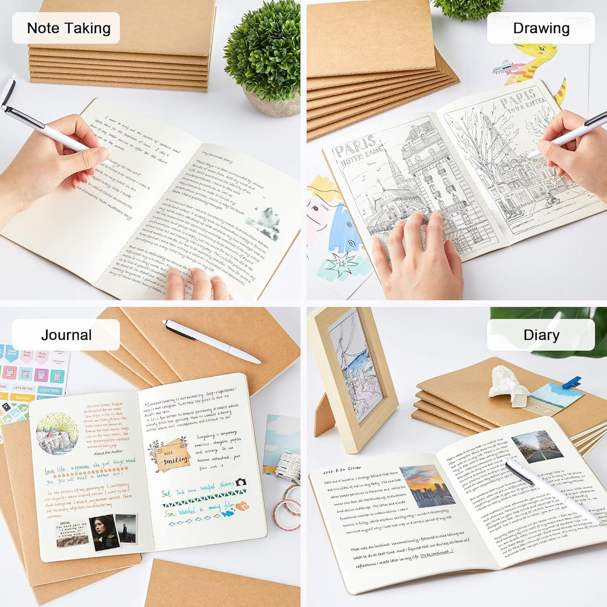 feela 8 Pack Unlined Kraft Paper Notebooks, Blank Journal Note Pad for Drawing Writing, Small