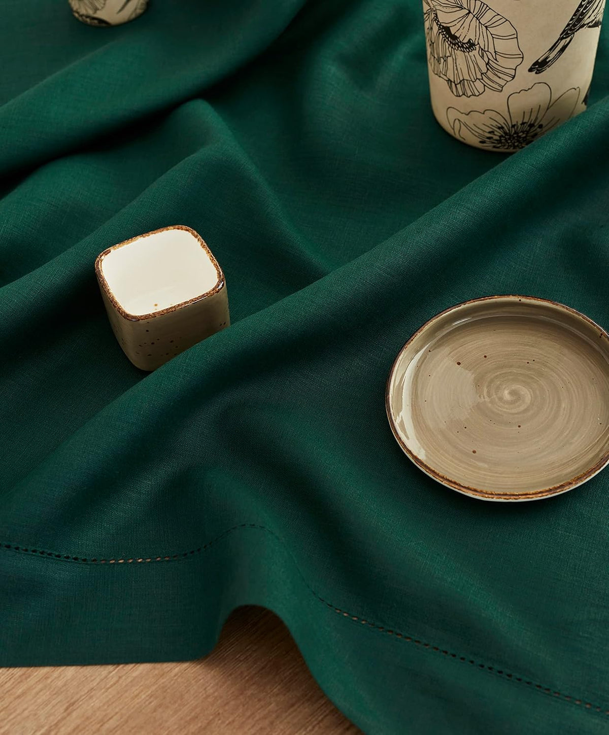 Solino Home Rainforest Green Linen Tablecloth 52 x 52 Inch - 100% Pure Linen Square Table Throw