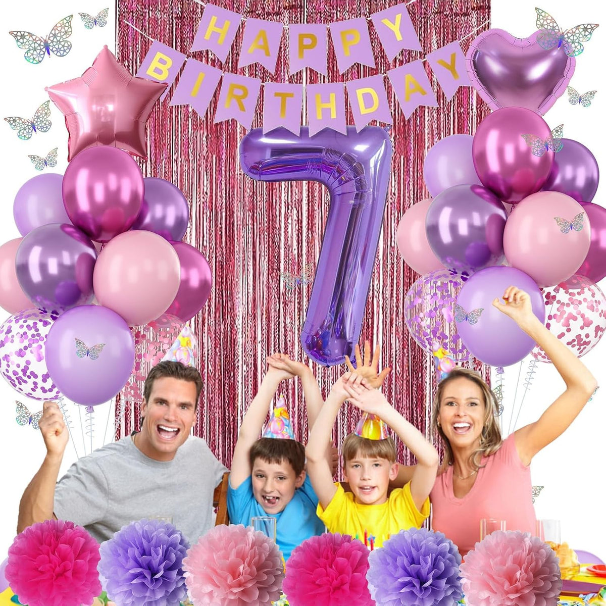 Pink Purple 7th Birthday Party Decorations for Girls Number 7 Balloon Happy Birthday Banner