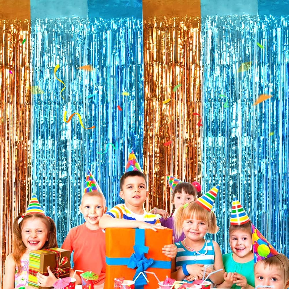 TONIFUL Orange Blue Door Streamers,Blue and Orange Photo Booth Backdrop Metallic Streamers Foil