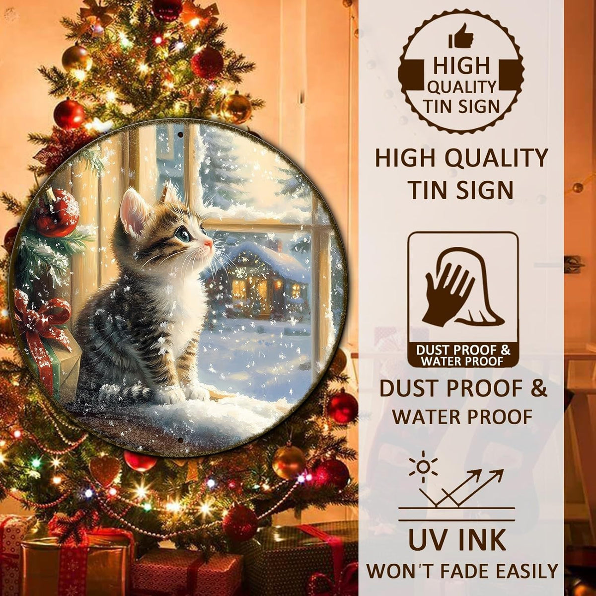 Round Christmas Sign Cats Vintage Metal Sign Christmas Kitten Retro Tin Sign Wall Decor for Home