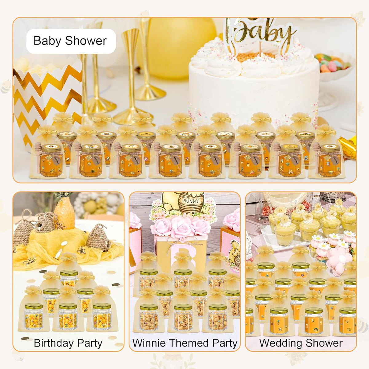 70 Pack 3 oz Mini Hexagon Glass Honey Jars with Dippers, Gold Lids, Bee Stickers, Bee Charms, Gift