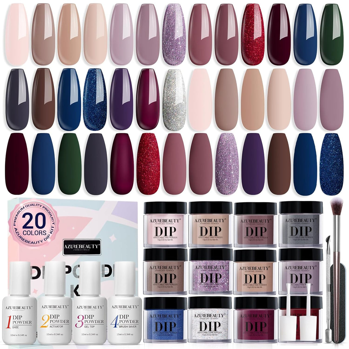 AZUREBEAUTY Dip Powder Nail Kit Starter 20 Colors Nude Brown Glitter Purple Blue Dipping Powder