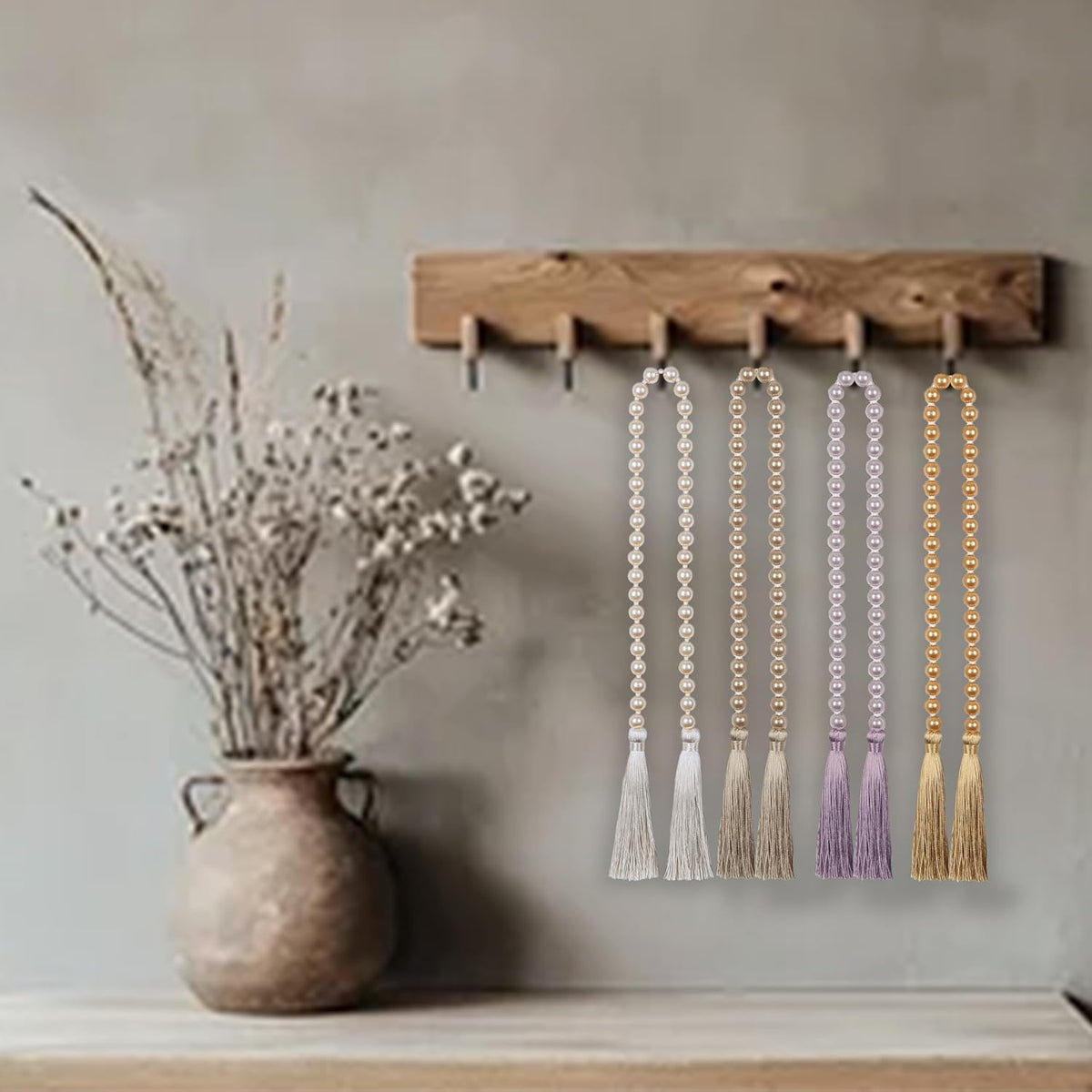 Fenghuangwu 34 Inch Pearl Glass Bead Garland with Tassels - Elegant Boho Table Decor, Fringe Wall