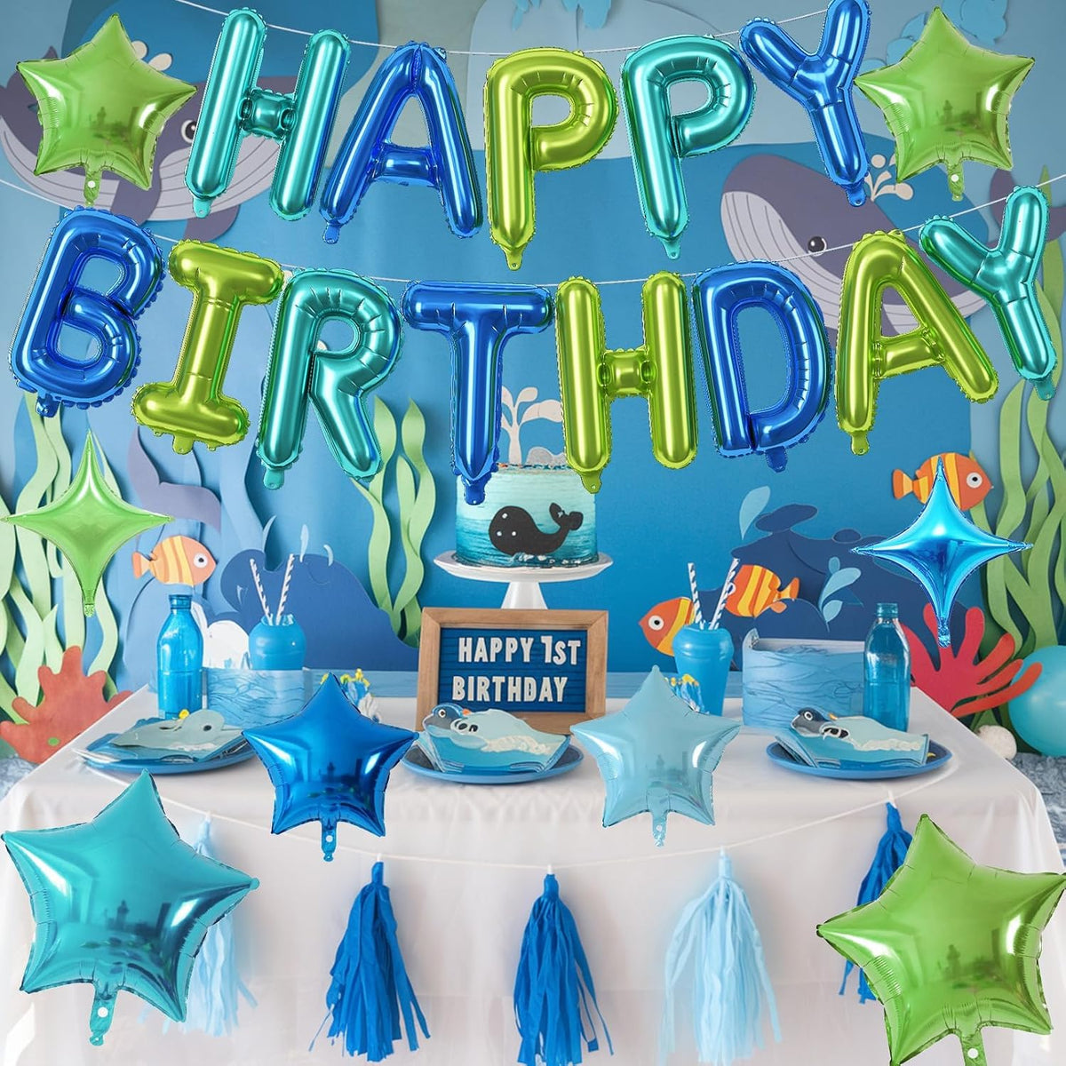Happy Birthday Balloon Banner Blue Green, 16 Inch Mylar Foil Letter Balloons, Reusable Birthday