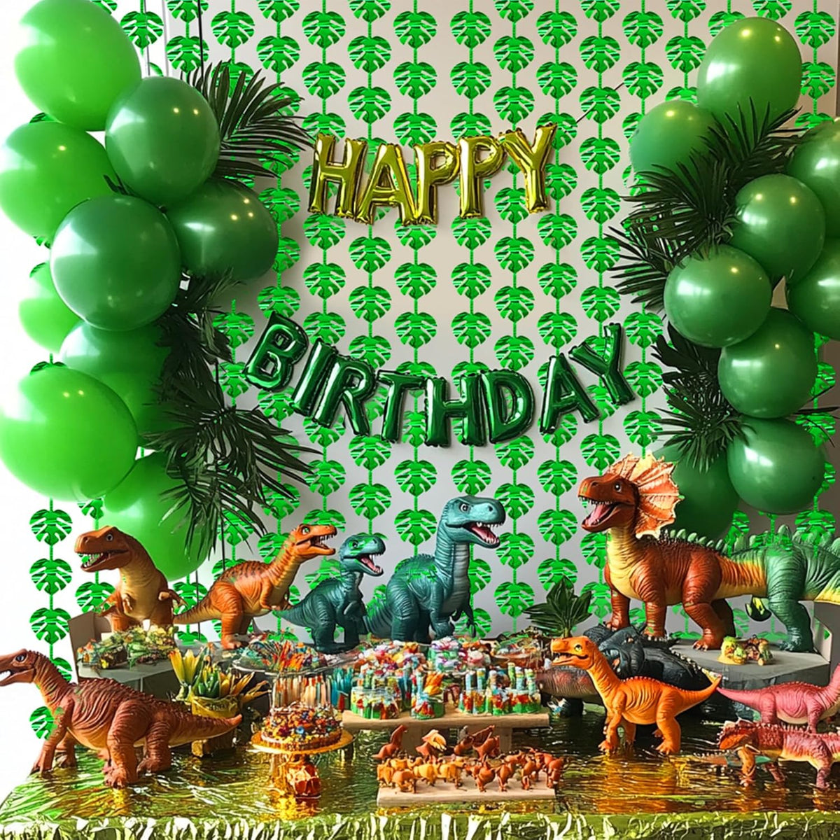 2 Packs Jungle Leaf Foil Fringe Curtain, Green Glitter Tropical Palm Leaves Metallic Tinsel