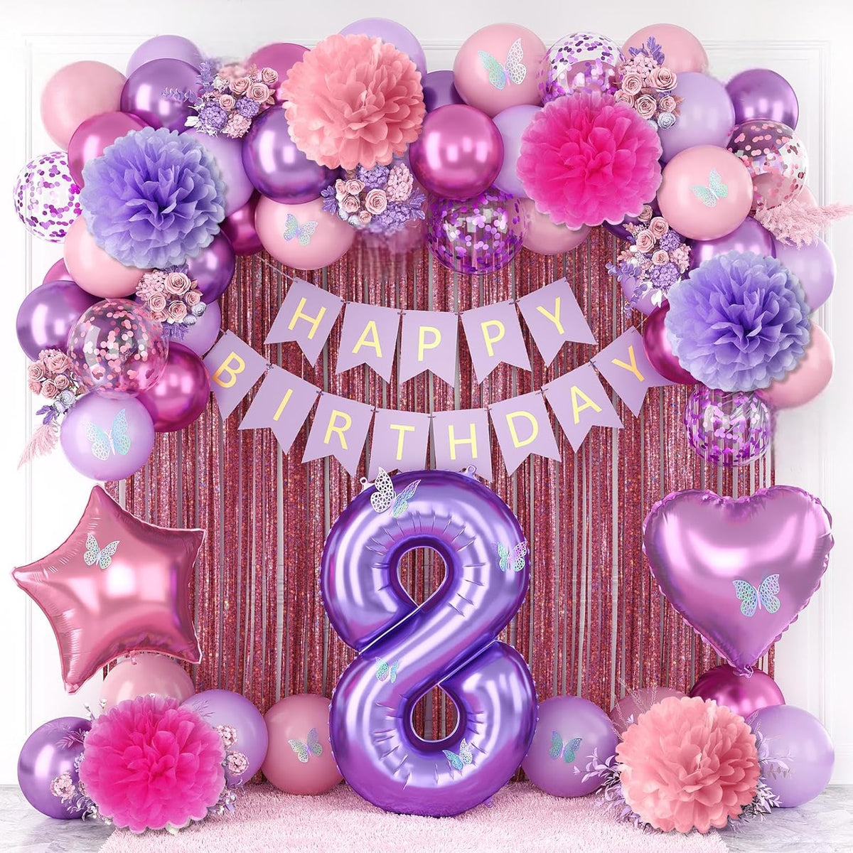 Pink Purple 8th Birthday Party Decorations for Girls Number 8 Balloon Happy Birthday Banner