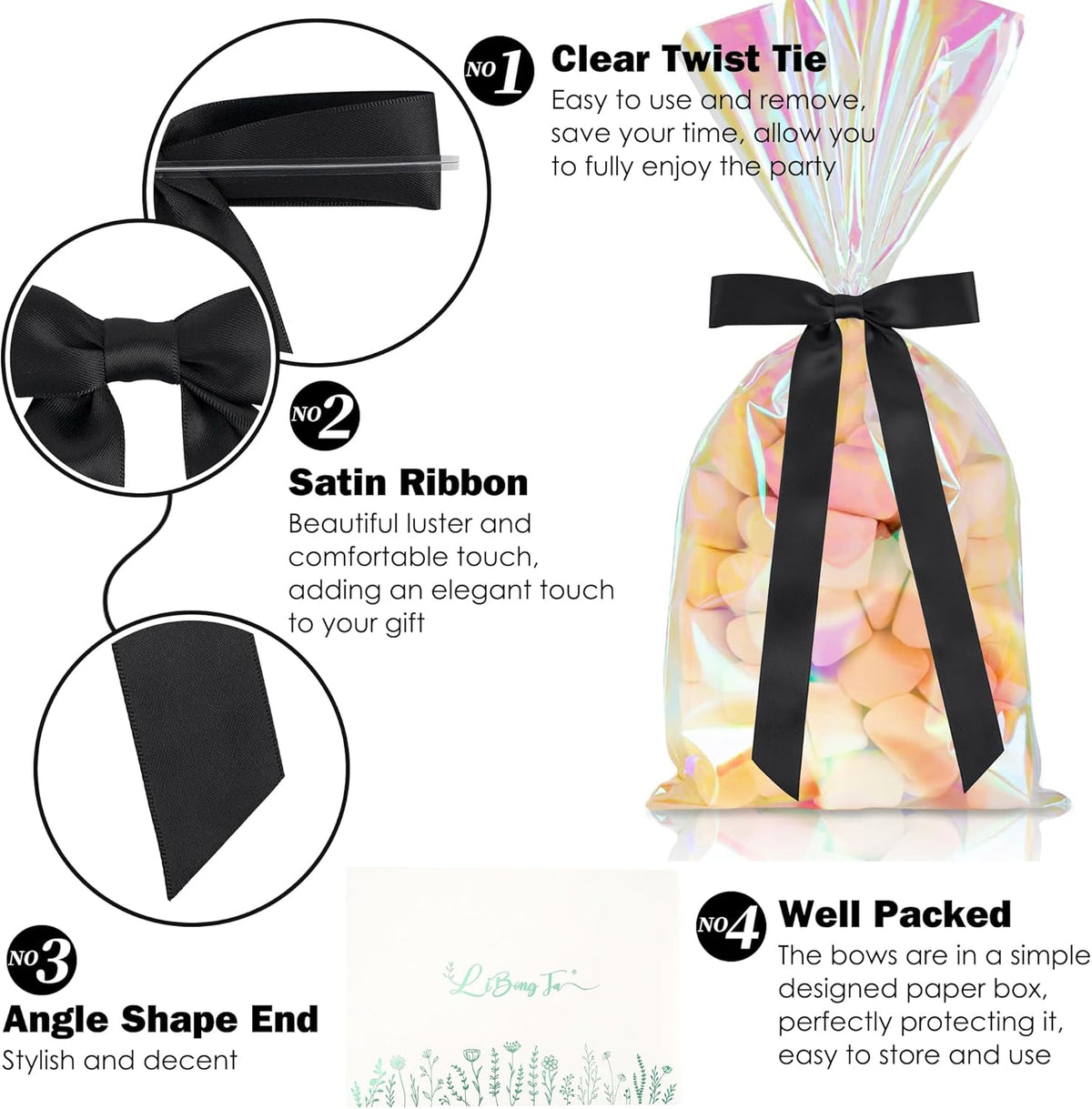 50 PCs Black Bow Decor 5.5'' Satin Bows with Long Tail, Twist Tie Bows for Craft, Packaging Ribbon