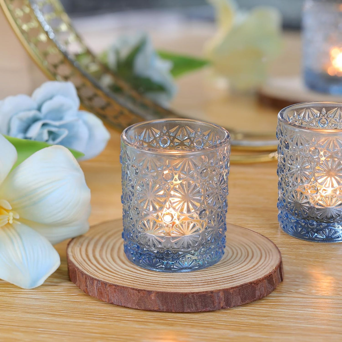 Blue Votive Candle Holder Set of 36, Flower Tea Lights Candles Holders for Wedding Table