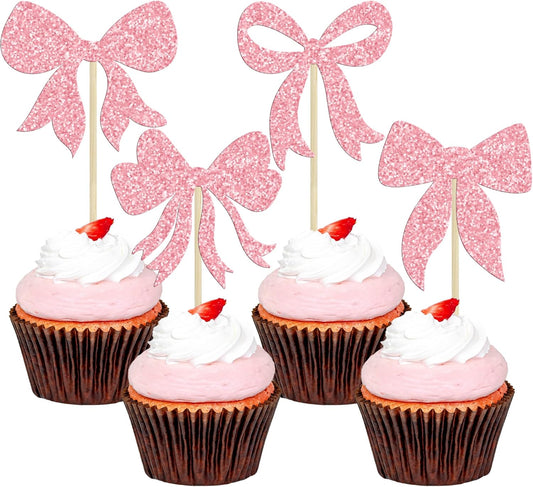 Gyufise 36Pcs Bow Cupcake Toppers Glitter Girls Birthday Decorations Bowknot Cupcake Picks Bow Tie
