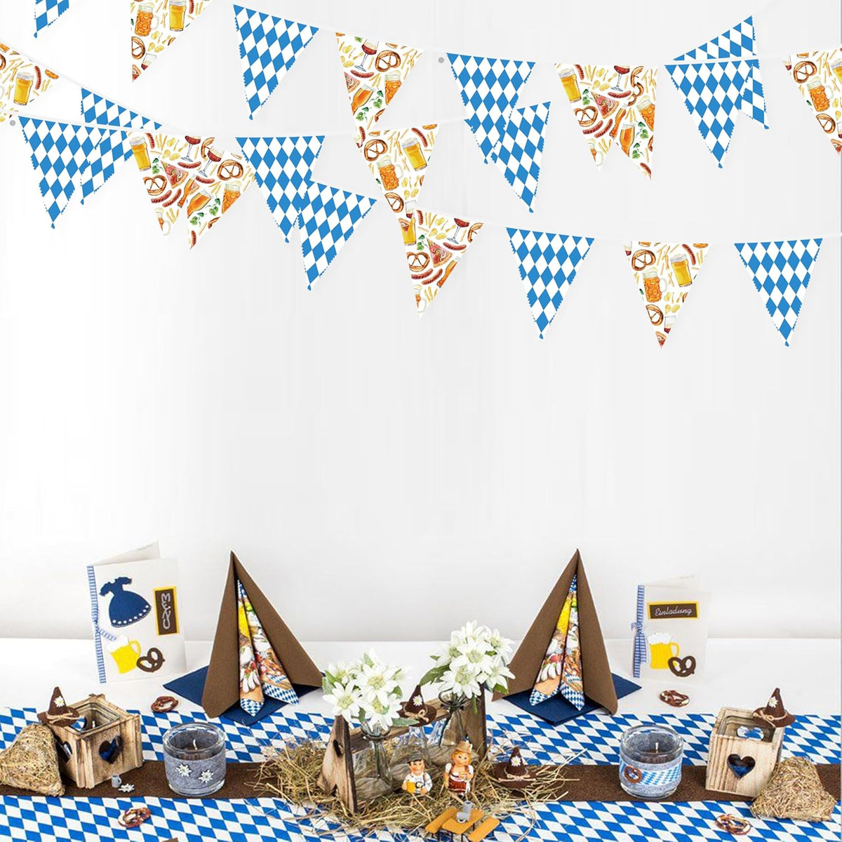 32Ft Oktoberfest Party Decorations Blue Plaid Triangle Flag Fabric Banner Pennant Garland Streamer