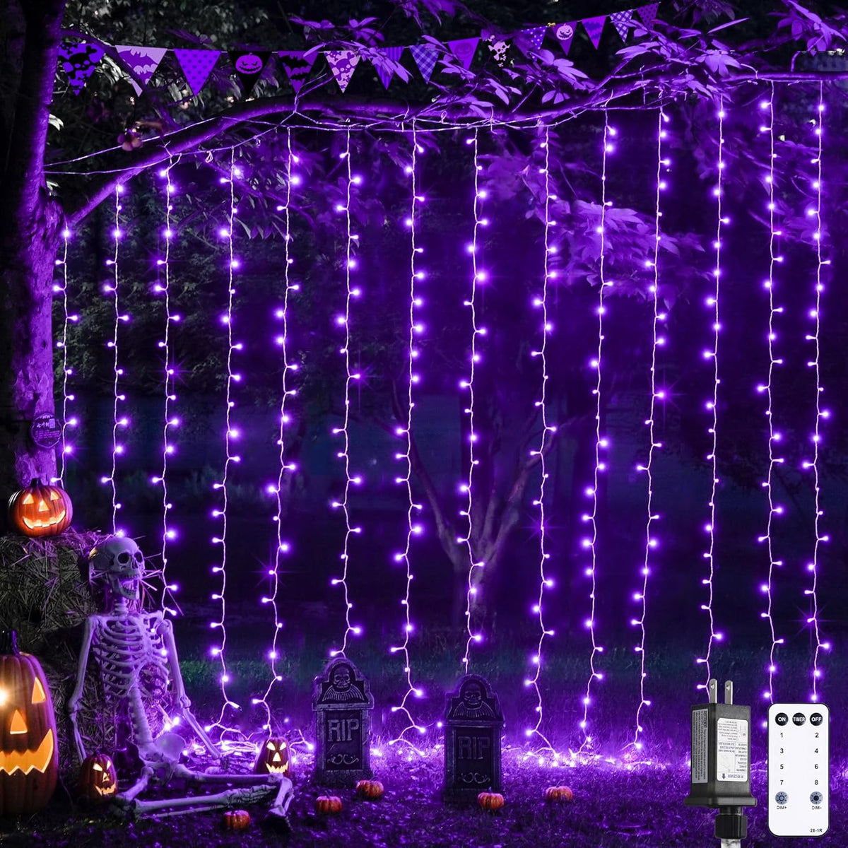 JMEXSUSS 300LED Purple Halloween Lights with Remote, Curtain Hanging Light Plug in, 8 Modes Purple