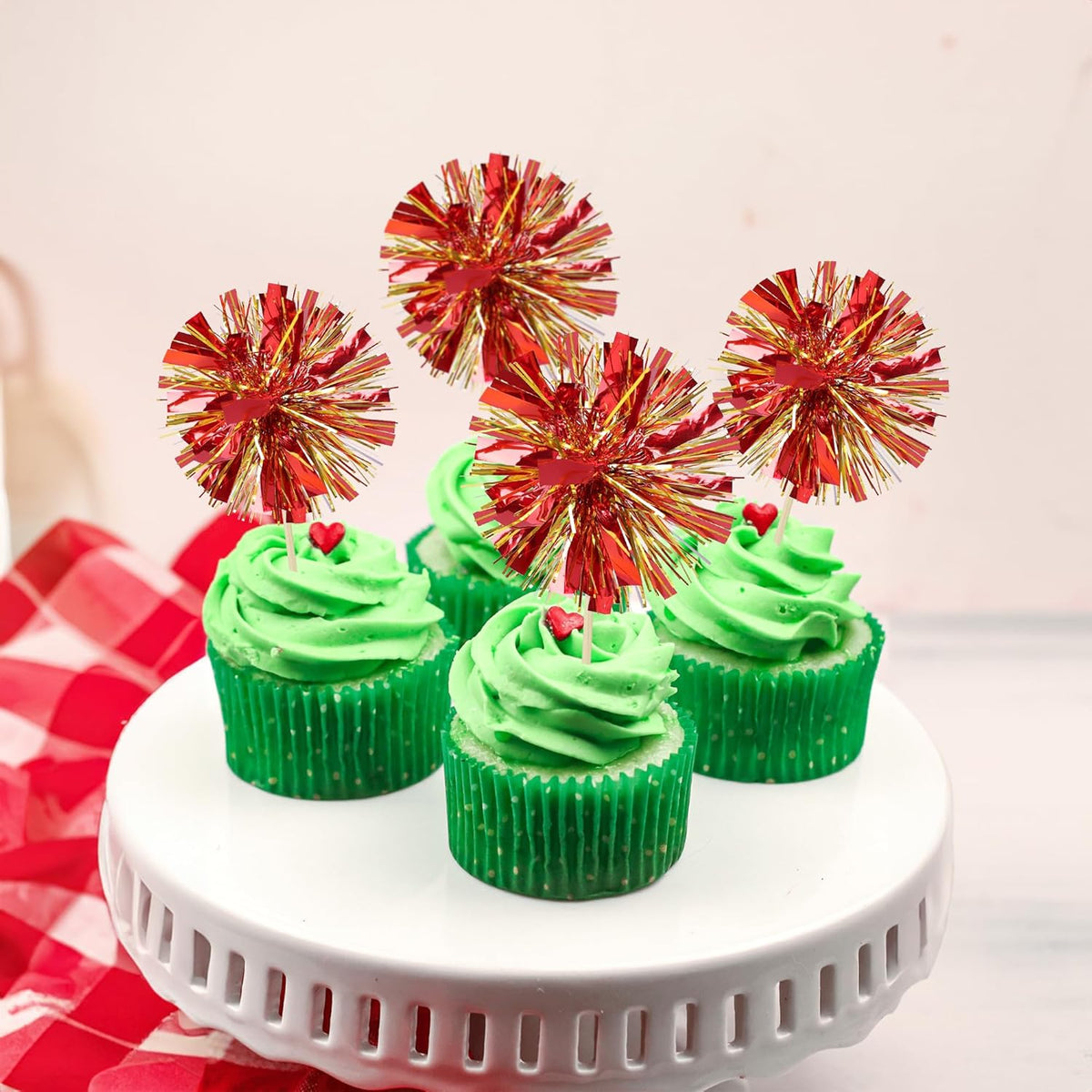 Ephlyn 30Pcs Foil Firework Cupcake Toppers Sparkle Tinsel Drink Birthday Cake Decorations Cocktail
