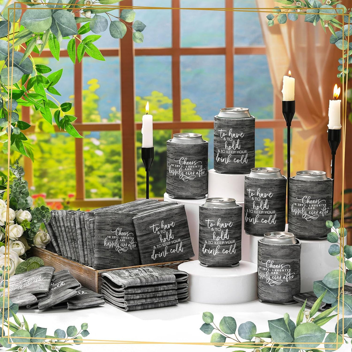 50 Pieces Wood Grain Wedding Can Cooler Sleeves Bulk Engagement Party Favors for Guests Cheers to