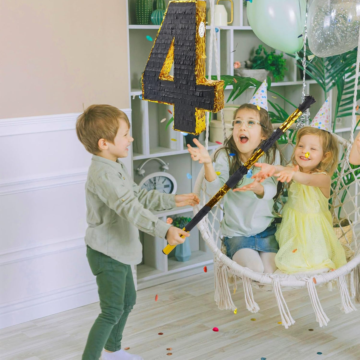 PCFING 20 Inch Number 4 Piñata Gold Black with 30 Inch Piñata Stick Blindfold Confetti for Man