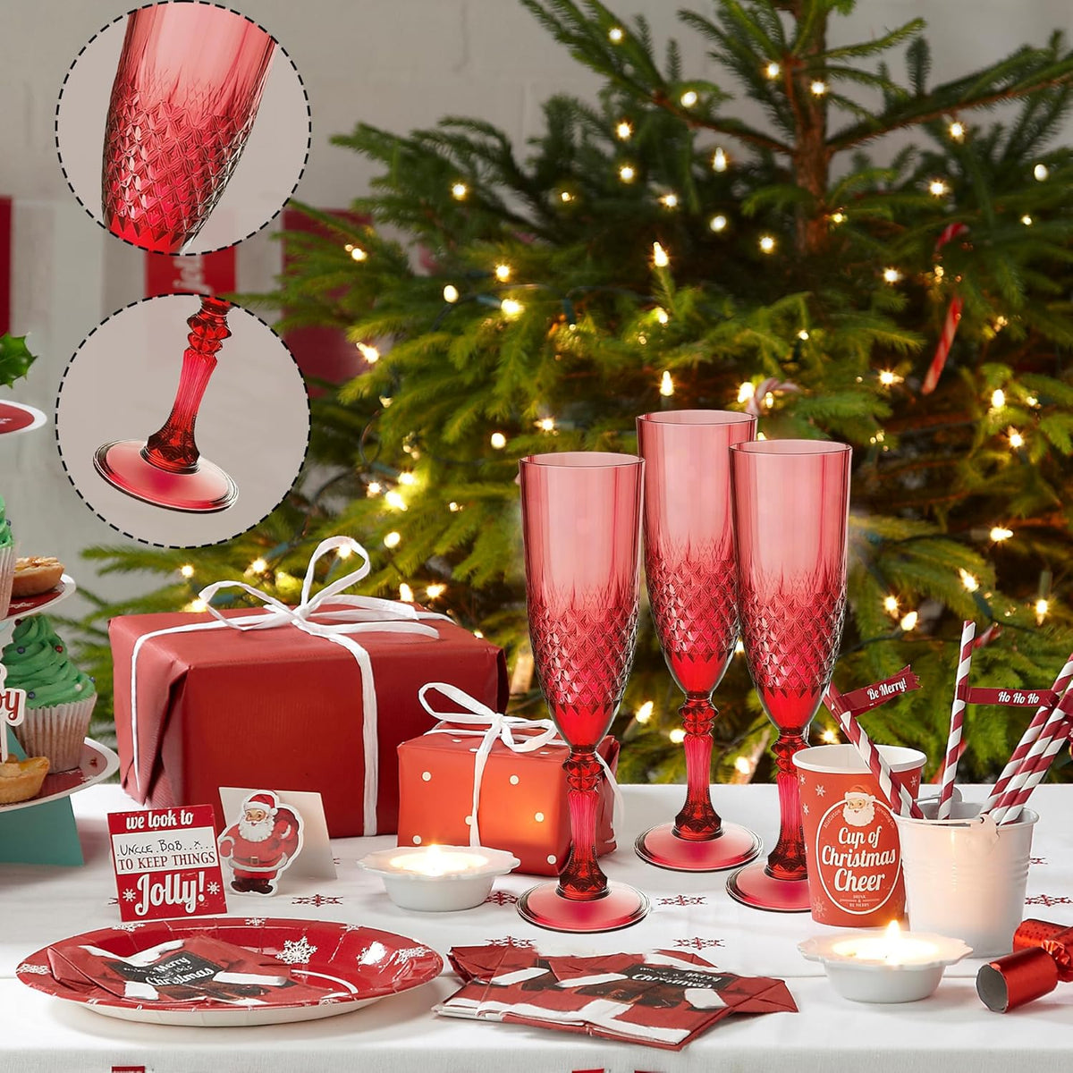 Plastic Champagne Flutes, 24PCS Dark Red Wine Glasses Goblets Cups Reusable Flute, for Christmas