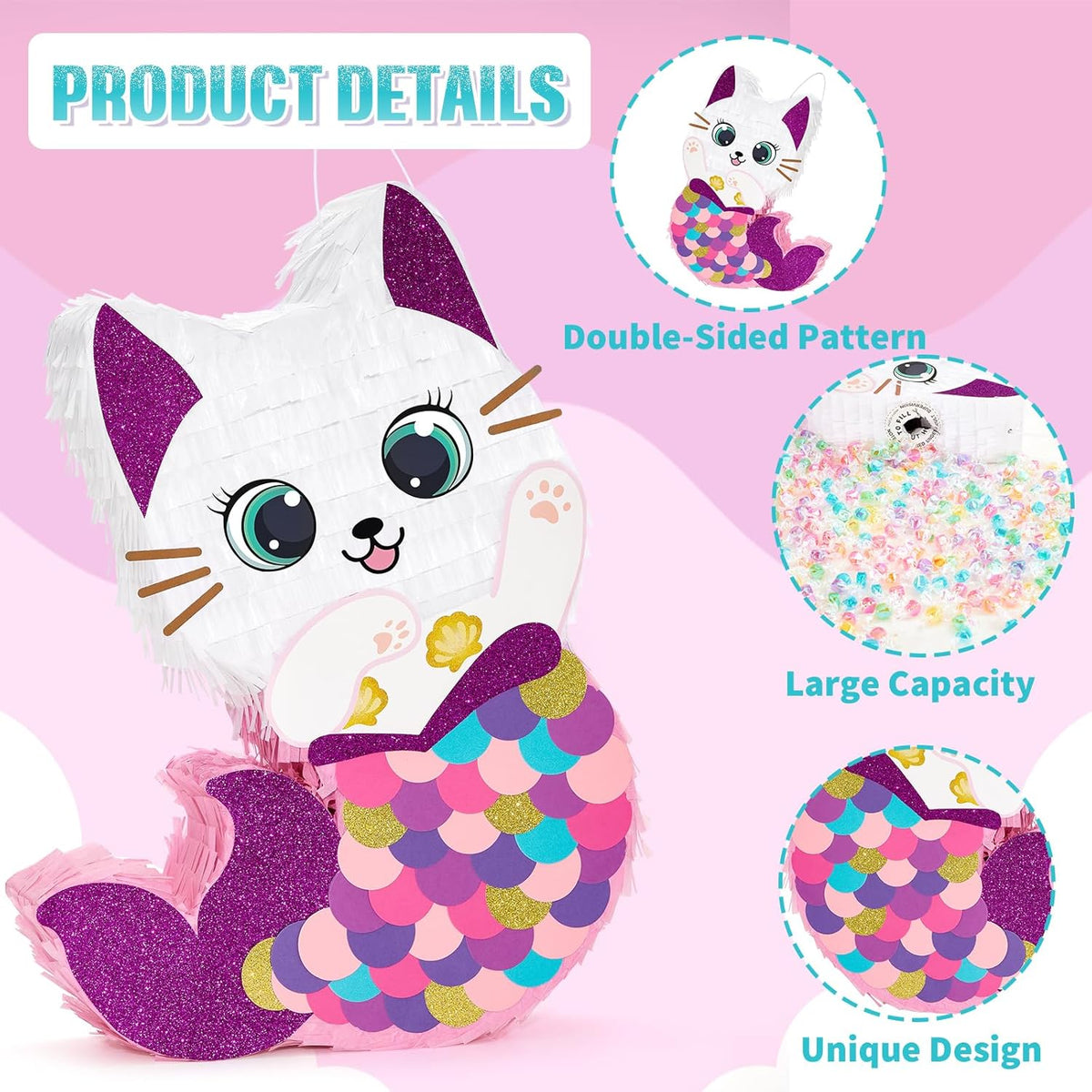 WERNNSAI Cat Piñata - Kitten Mermaid Birthday Party Decorations Kids Mermaid Pinata with Blindfold