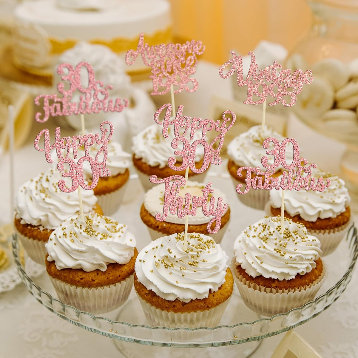 30Pcs Vintage 1995 Cupcake Toppers Glitter Thirty 30 Fabulous Happy 30th Birthday Cupcake Picks
