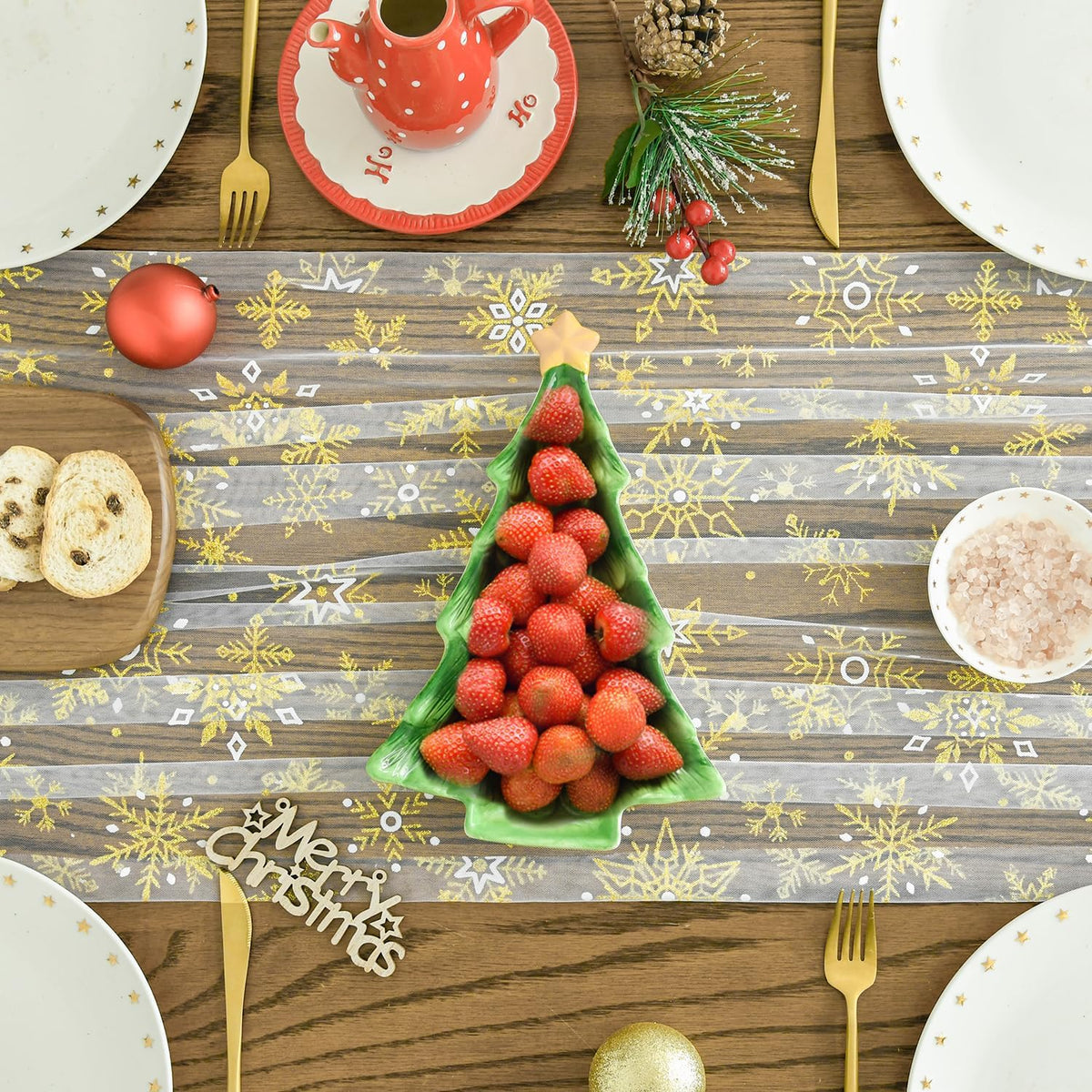 Artoid Mode Gold Snowflakes Christmas Gauze Table Runner 120 Inch 10FT, Winter Seasonal Sheer