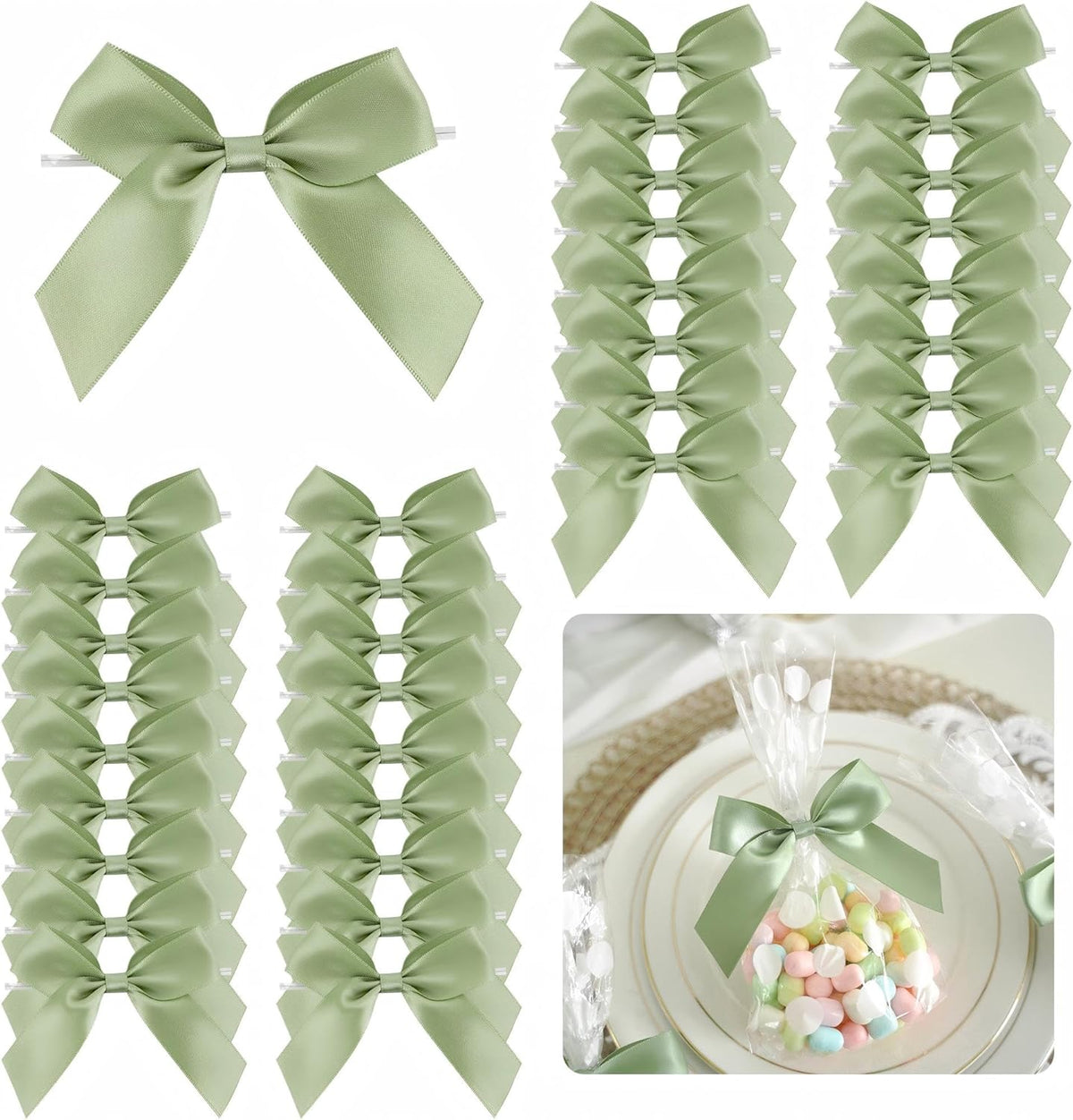 3.5" Sage Green Bow Satin Pre-Tied Bows for Gift Wrapping, Small Bows for Crafts, Premade Bows