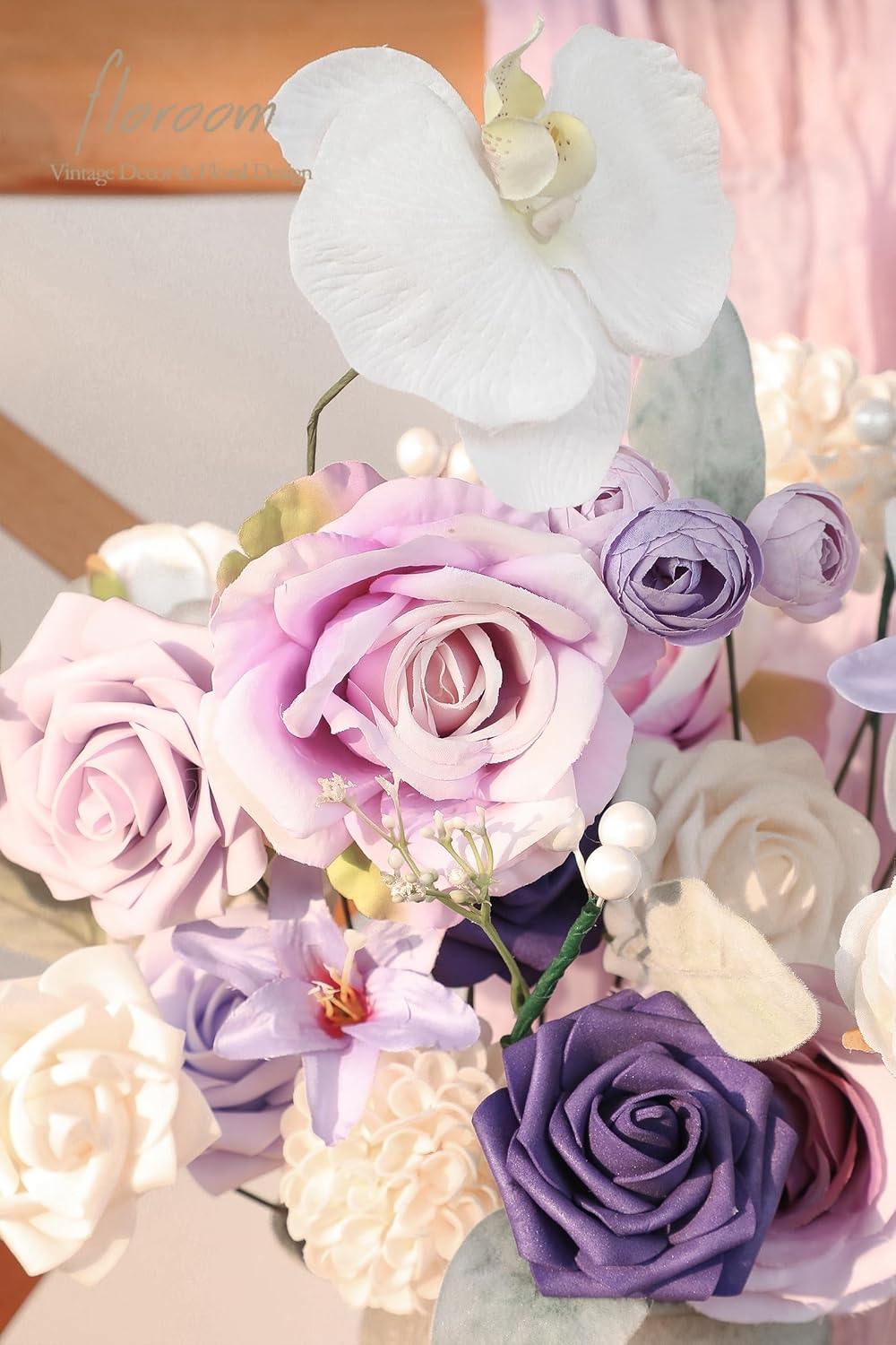 Floroom Lilac Lavender Purple Cream Artificial Flowers Fake Roses Dahlias and Greenery Combo Box