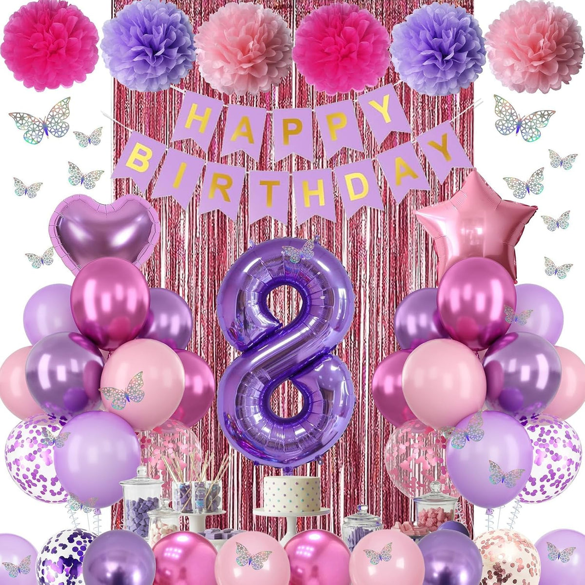 Pink Purple 8th Birthday Party Decorations for Girls Number 8 Balloon Happy Birthday Banner