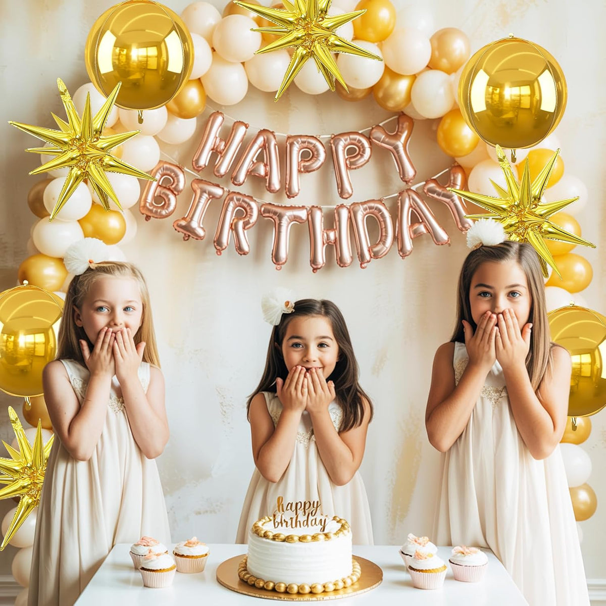 6Pcs Gold Foil Balloons,22Inch Gold 4D Round Ball Balloon and Explosion Star Balloon for Birthday